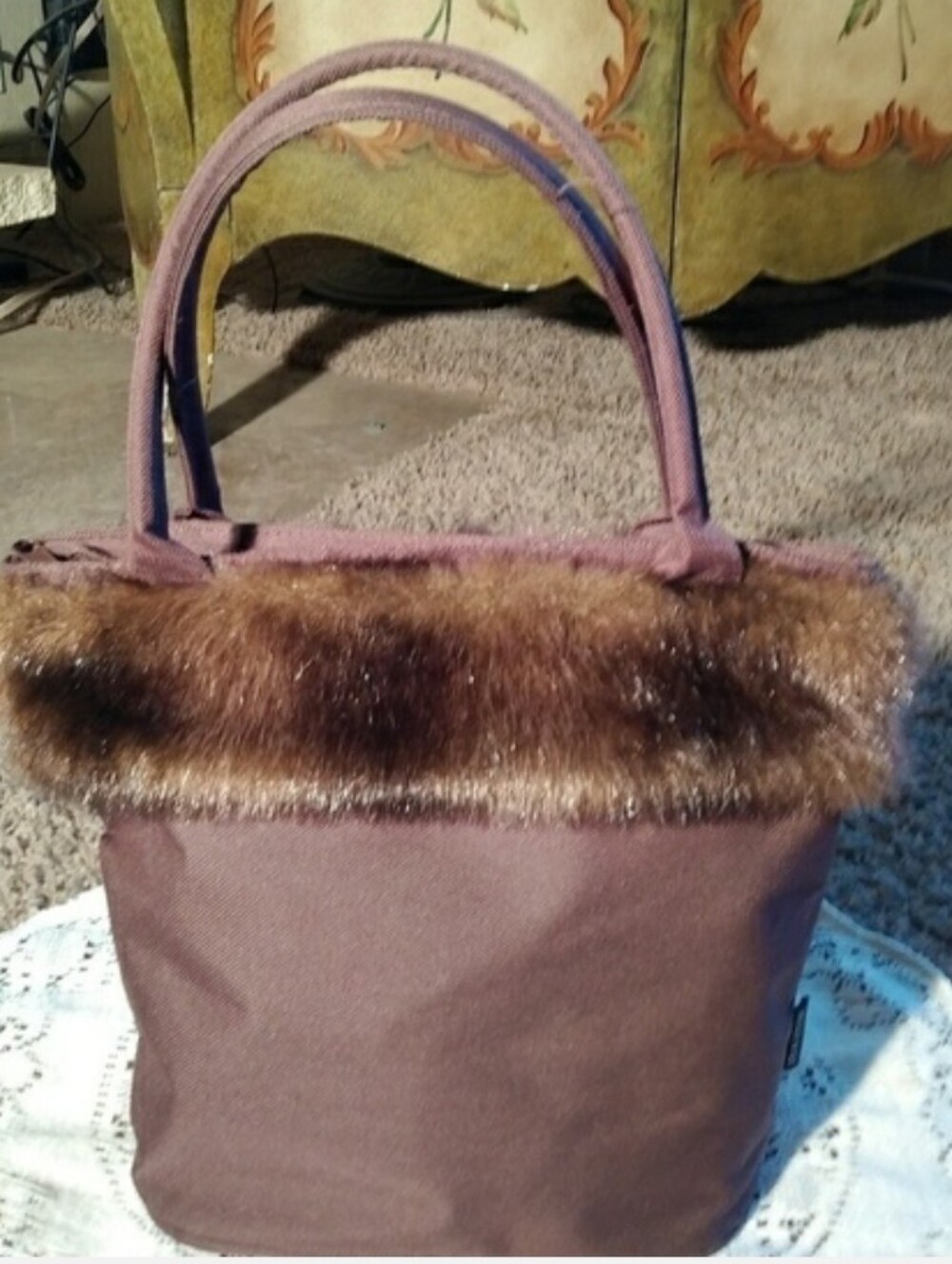 Plush Faux-Fur Trim Tote Bag in Brown